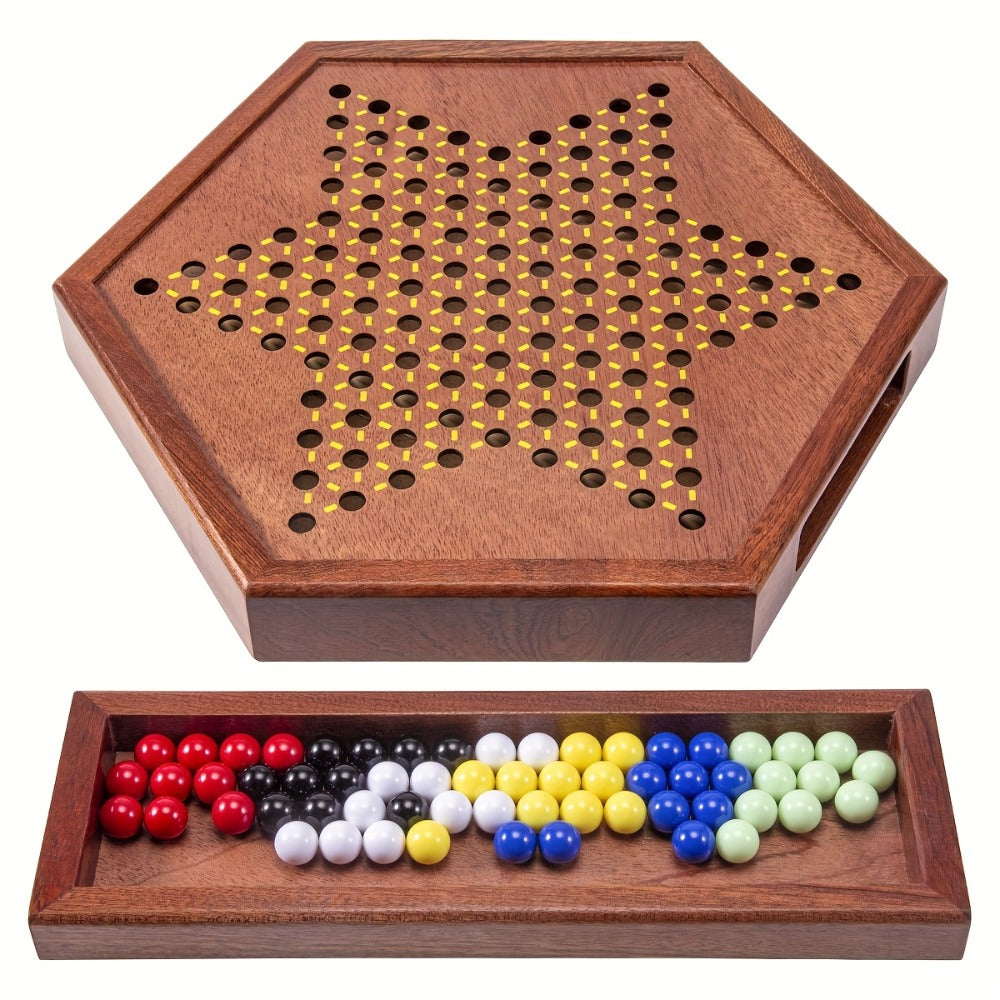 Deluxe Wooden Chinese Checkers Game Set 12.5 Inch Hexagonal Board with Storage Drawer 60 Acrylic Marbles — image 6