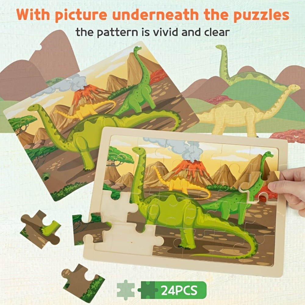 Dinosaur Puzzle Set for Kids Ages 3-8 Wooden 4-in-1 Jigsaw with 24 Pieces Each, Colorful Preschool Educational Toy for Boys &