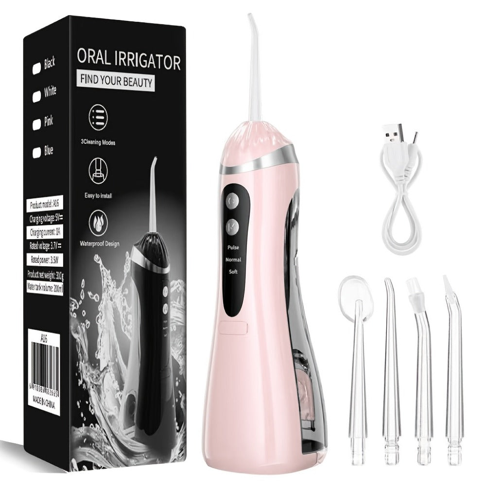 Water Flosser Portable Three-Mode Oral Irrigator with Brush Head Attachment, USB Charging and White, Black or Pink Options — 
