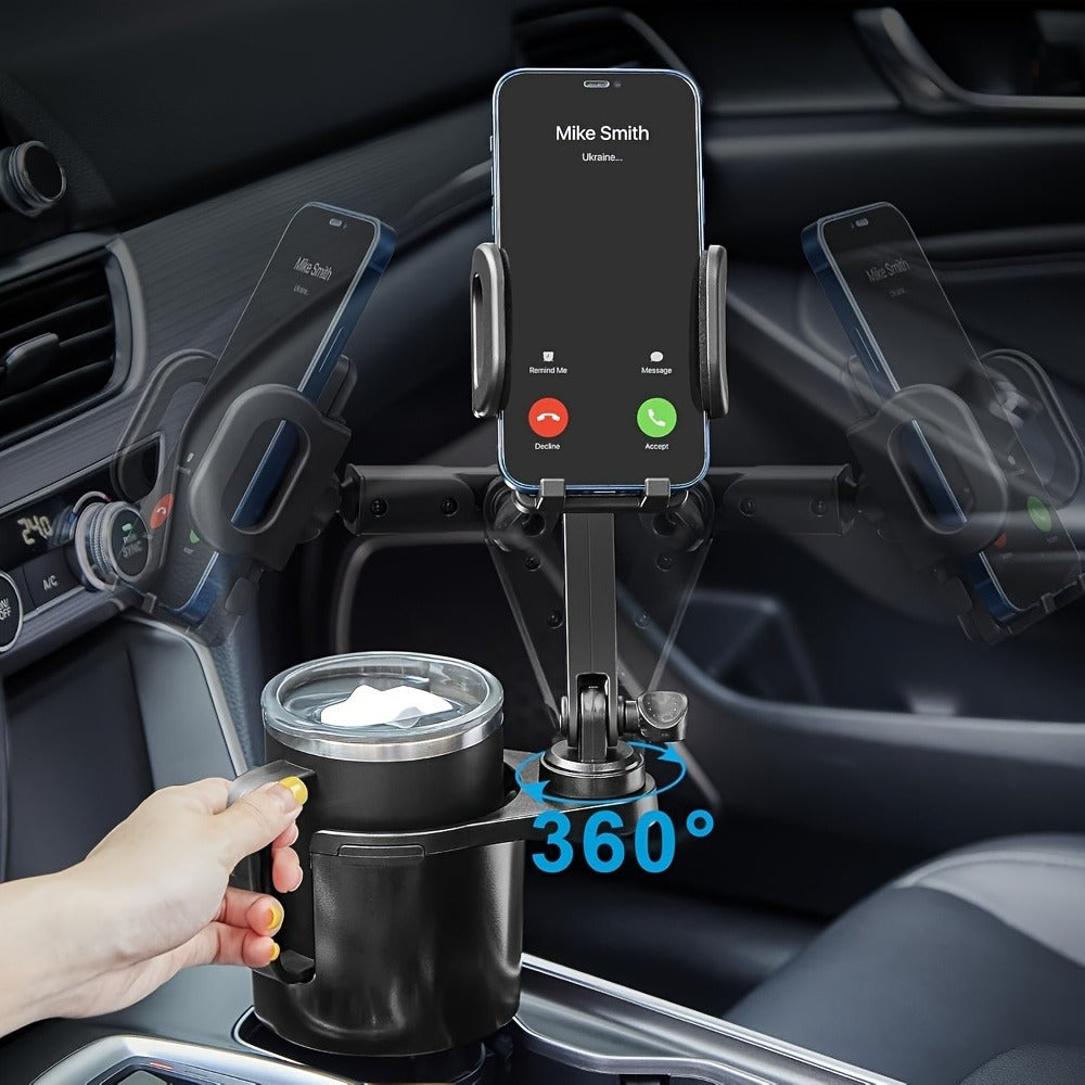 2-in-1 Car Phone Holder & Cup Holder Extender – Swivel Rotating Mount with Shock-Absorbing Trim, Universal for Cars, SUVs & T