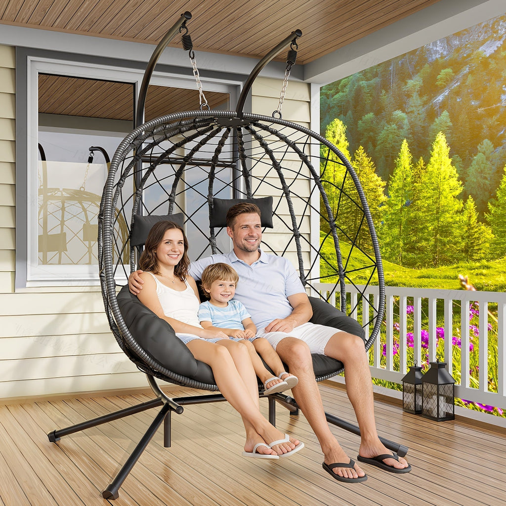 Outdoor Egg Chair with Stand Rattan Wicker Hanging Swing Hammock Chair Thickened Aluminum Frame UV-Resistant Cushion 350LBS C