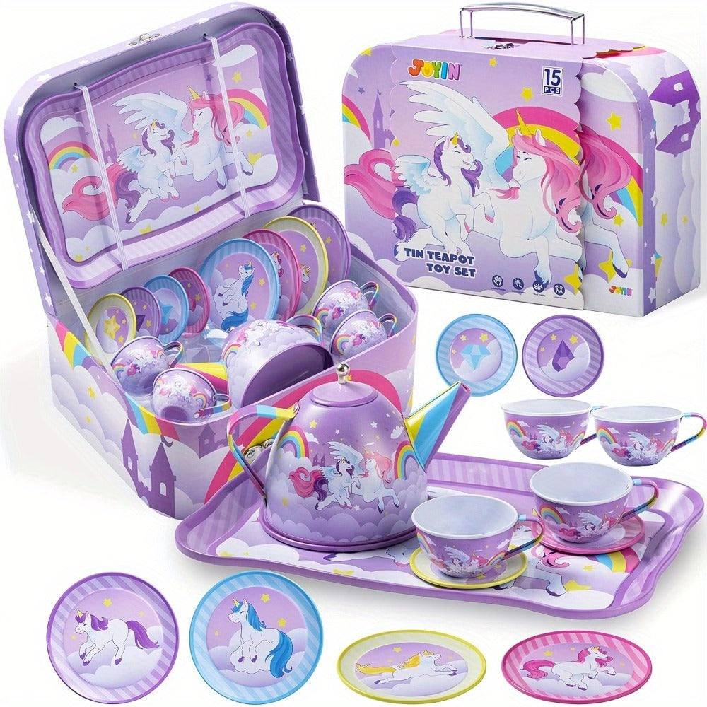 Purple Unicorn Tin Tea Set in Carry Case with Teapot, Four Cups, Four Saucers and Five Plates — image 8