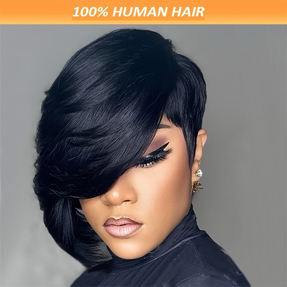 Layered Pixie Human Hair Wig with Side Bangs in #4 Brown, #99J Burgundy or #1 Black Color Options — image 13