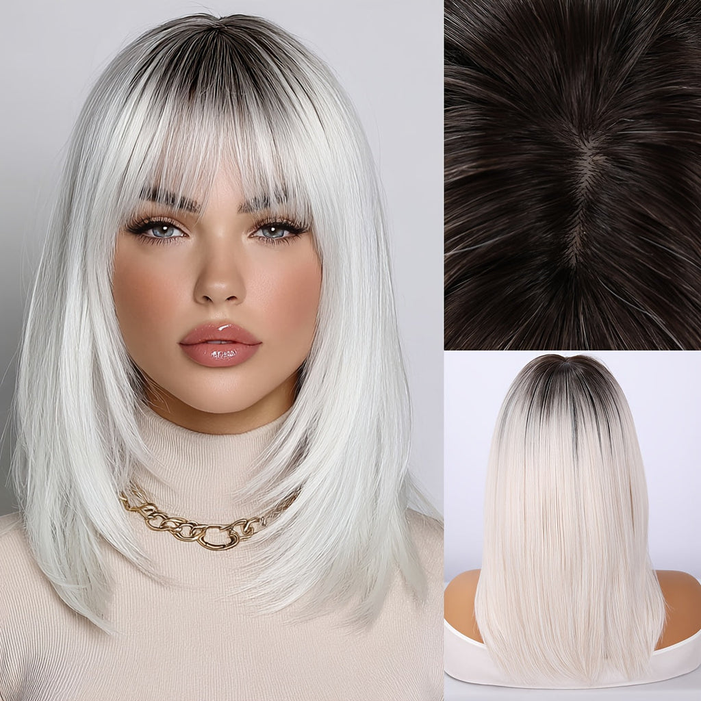 Synthetic Wig 16-Inch White Gradient Straight Style with Bangs and Glueless Rose Net Cap for Cosplay — image 1