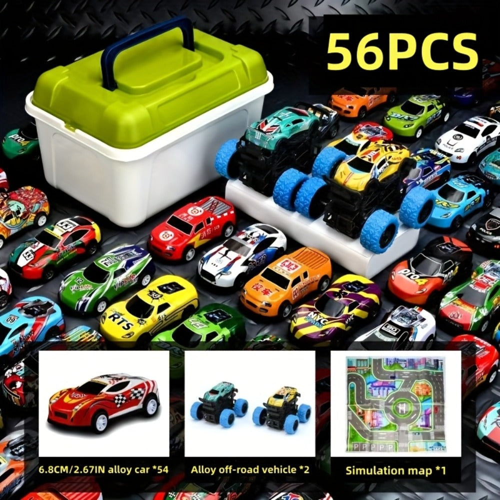 56 Pcs Mini Die-Cast Metal Car Set with 2 Stunt Cars, Play Mat & Storage Box - Friction Pull Back Toy Cars for Kids Boys Girl