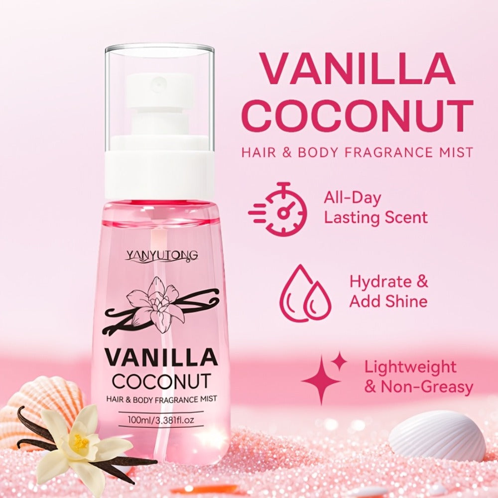 Coconut Vanilla Fragrance Mist Hair & Body Spray – Alcohol-Free with Vitamin E, Argan Oil & Glycerin, Moisturizing Long-Lasti