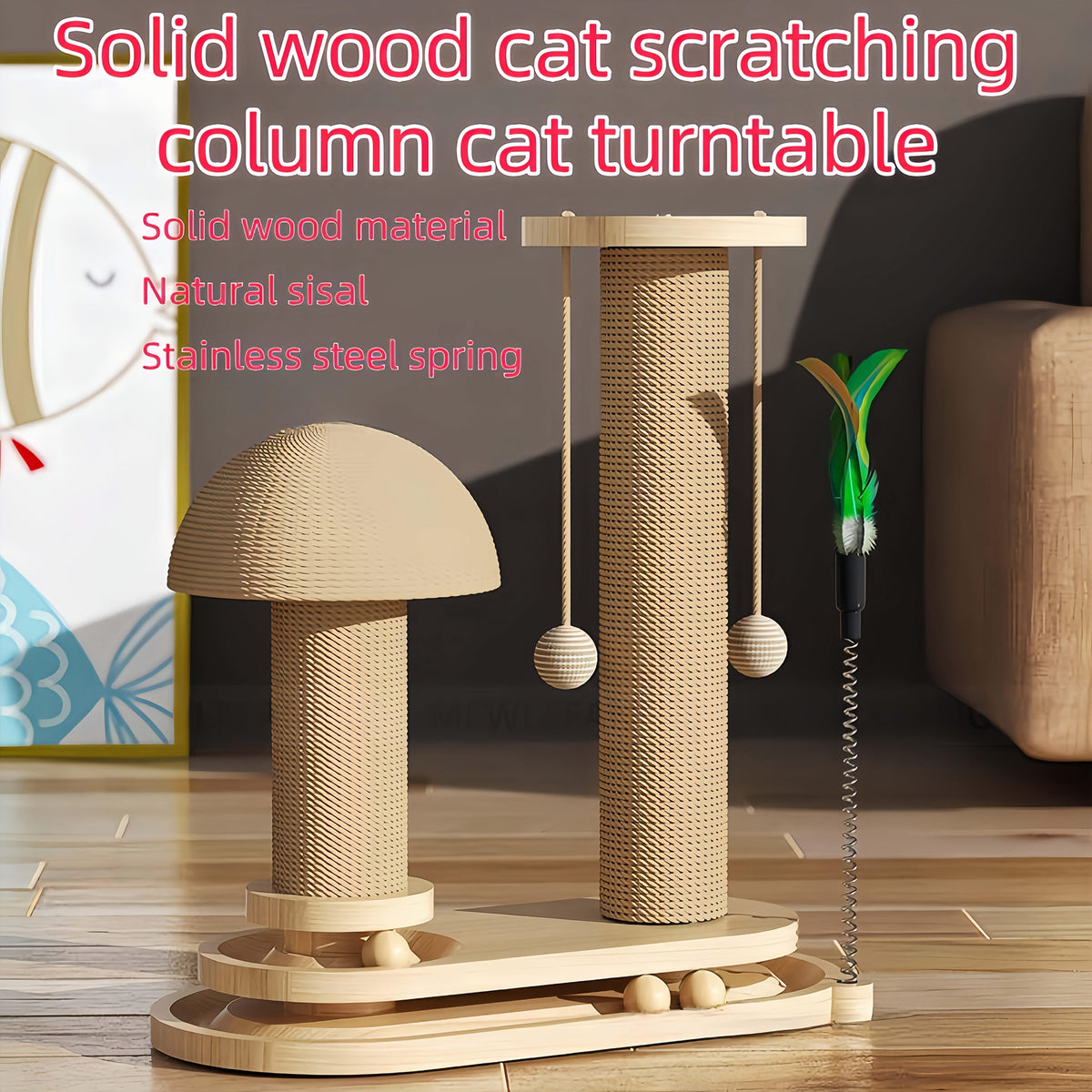 Compact Cat Tree with Sisal Scratching Post, Mushroom Hideaway, Track Balls and Small or Large Size Options — image 3