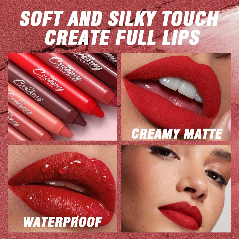 Lipstick Set, PECOLORS 6-Piece Matte Crayon Pen Collection with Nude, Rose and Red Shade Presentation — image 6