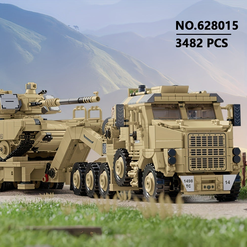 3482-Piece Tank Hauler Building Block Model with Tractor, Long Trailer, Tracked Vehicle and 628015 Code — image 2