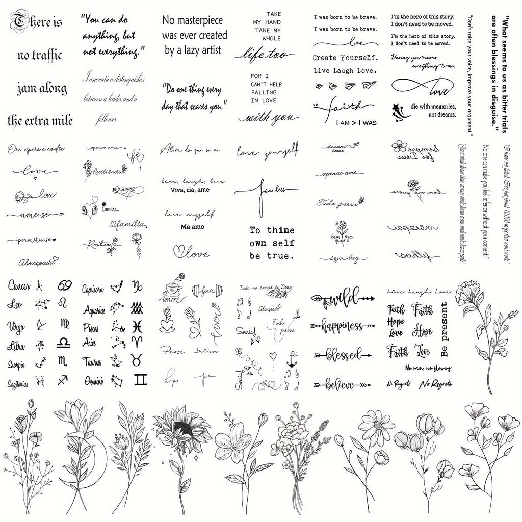 Temporary Tattoos, 30-Sheet Floral and Letter Set with Black Linework Designs for Face, Neck, Arm and Wrist — image 6