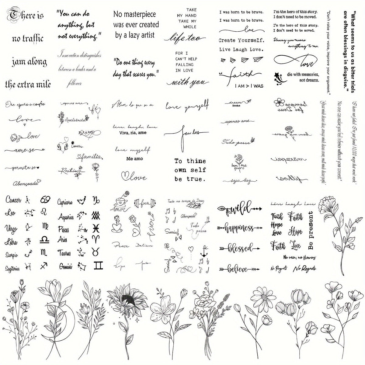 Temporary Tattoos, 30-Sheet Floral and Letter Set with Black Linework Designs for Face, Neck, Arm and Wrist — image 6