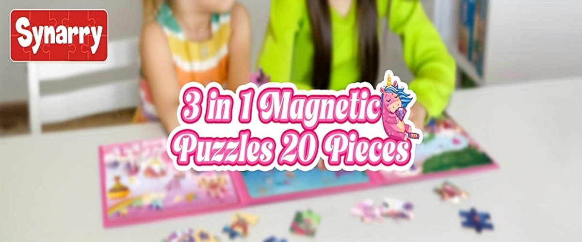 Magnetic Puzzle Book for Girls 3 4 5 6, 3-in-1 Unicorn Mermaid Princess Travel Puzzles, 20 Pieces Folding Magnetic Jigsaw for