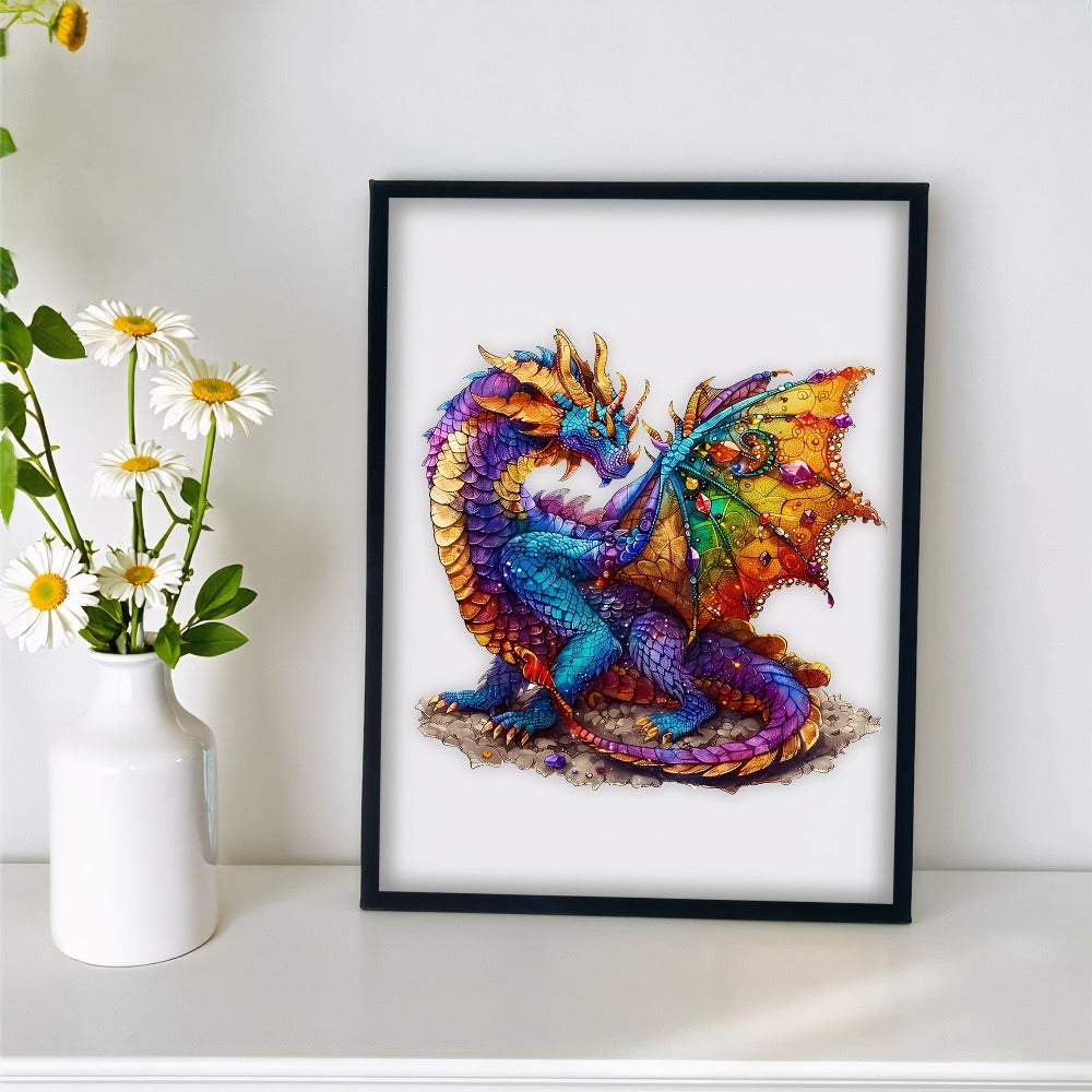 Dragon Wooden Jigsaw Puzzle Gemstone Fantasy – Colorful Irregular Animal Shaped Pieces, Unique Non-Repetitive Plywood Brain T