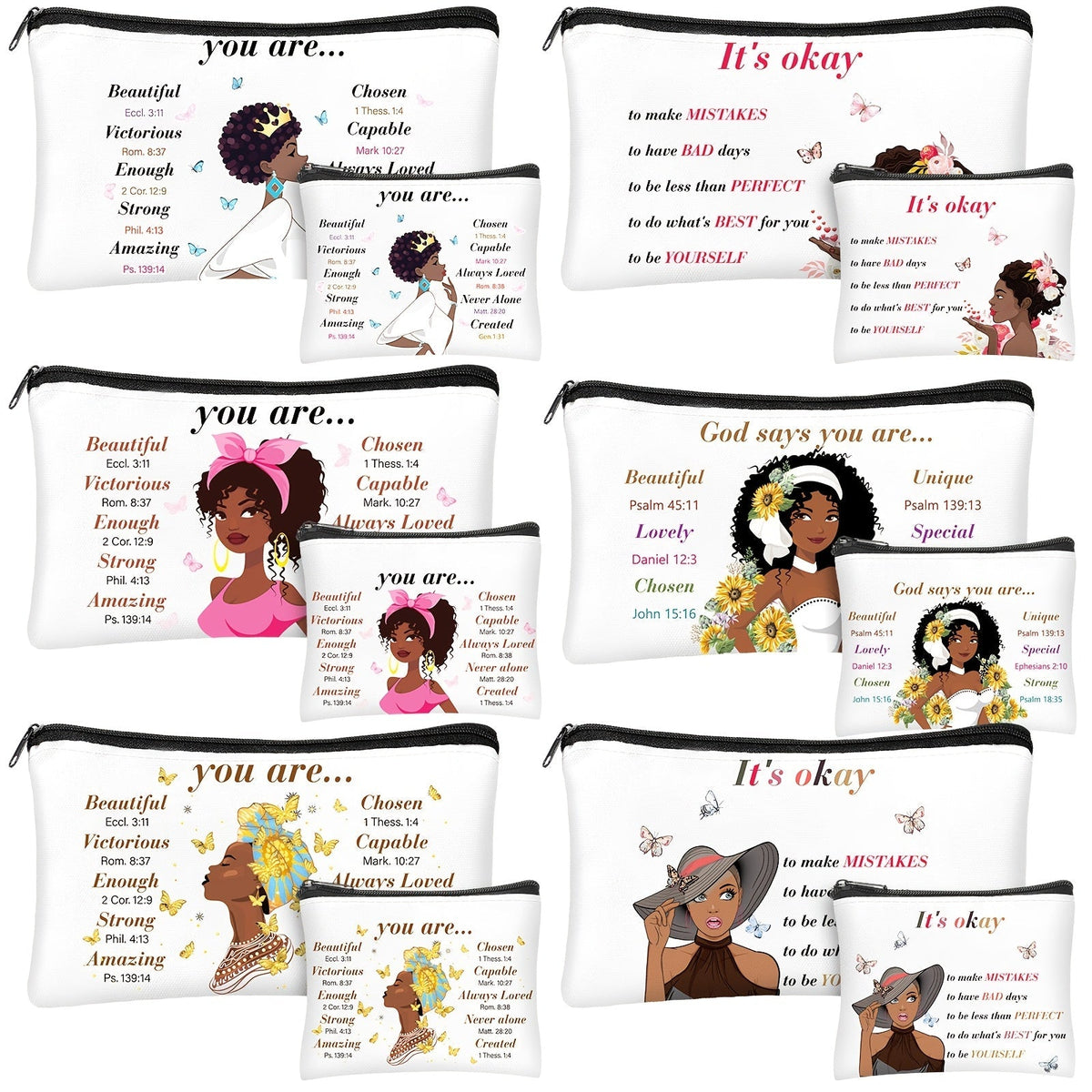 African Queen Makeup Bag Set 12 Pcs Inspirational Zipper Cosmetic Bags with Wallet Travel Toiletry Organizer Gift Set for Bla