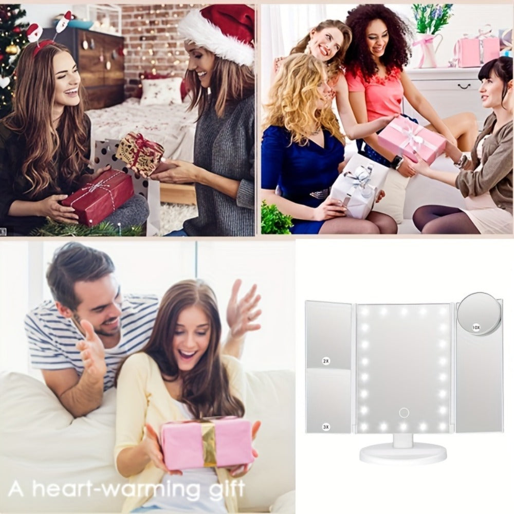 Trifold LED Vanity Mirror with 1X 2X 3X 10X Magnification Touch Screen Adjustable Brightness, for Makeup, Travel and Everyday