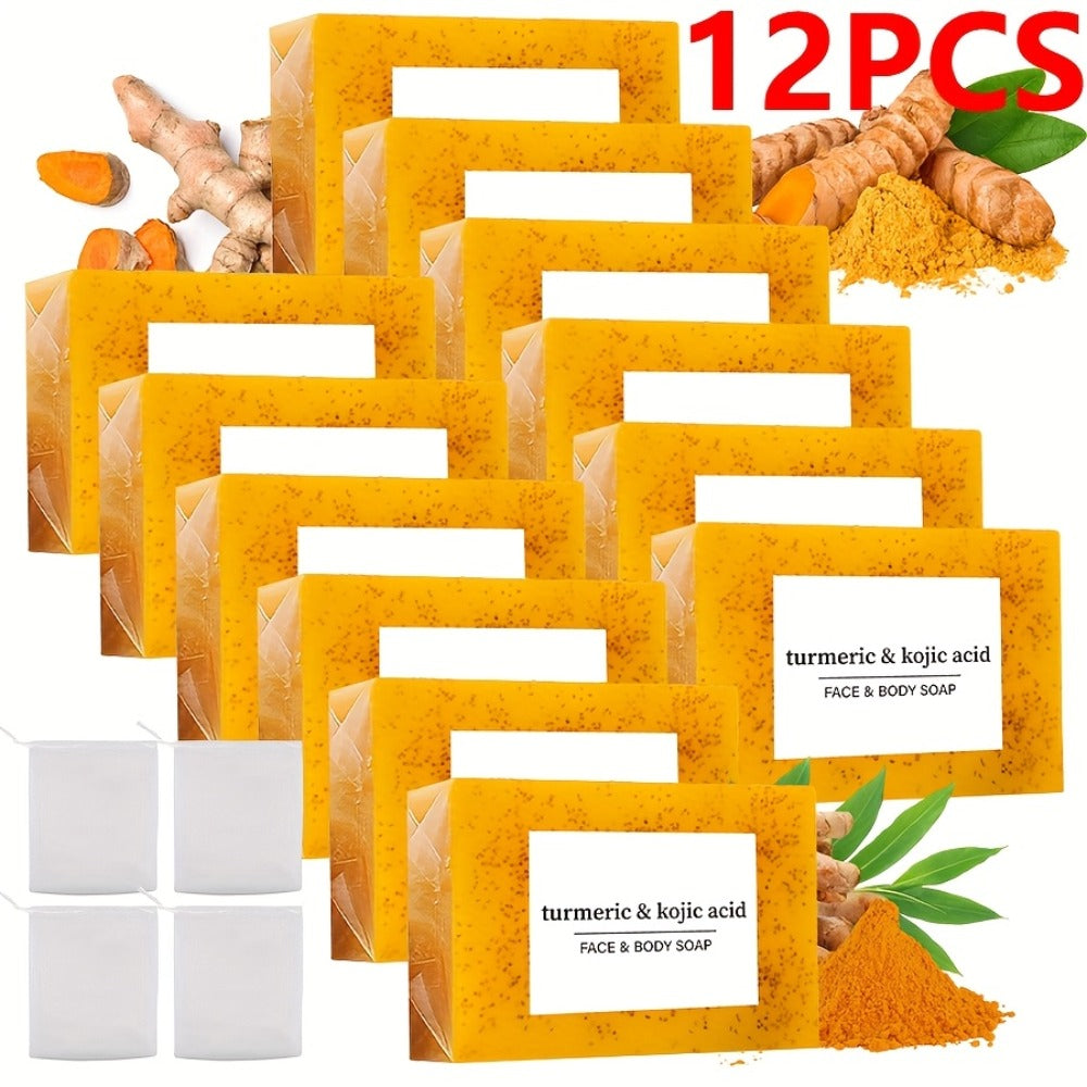 Kojic Acid Turmeric Soap Bar Set 12 Pack 100g with 4 Bubble Nets – Ginger Lemon Handmade Moisturizing Brightening Body Soap f