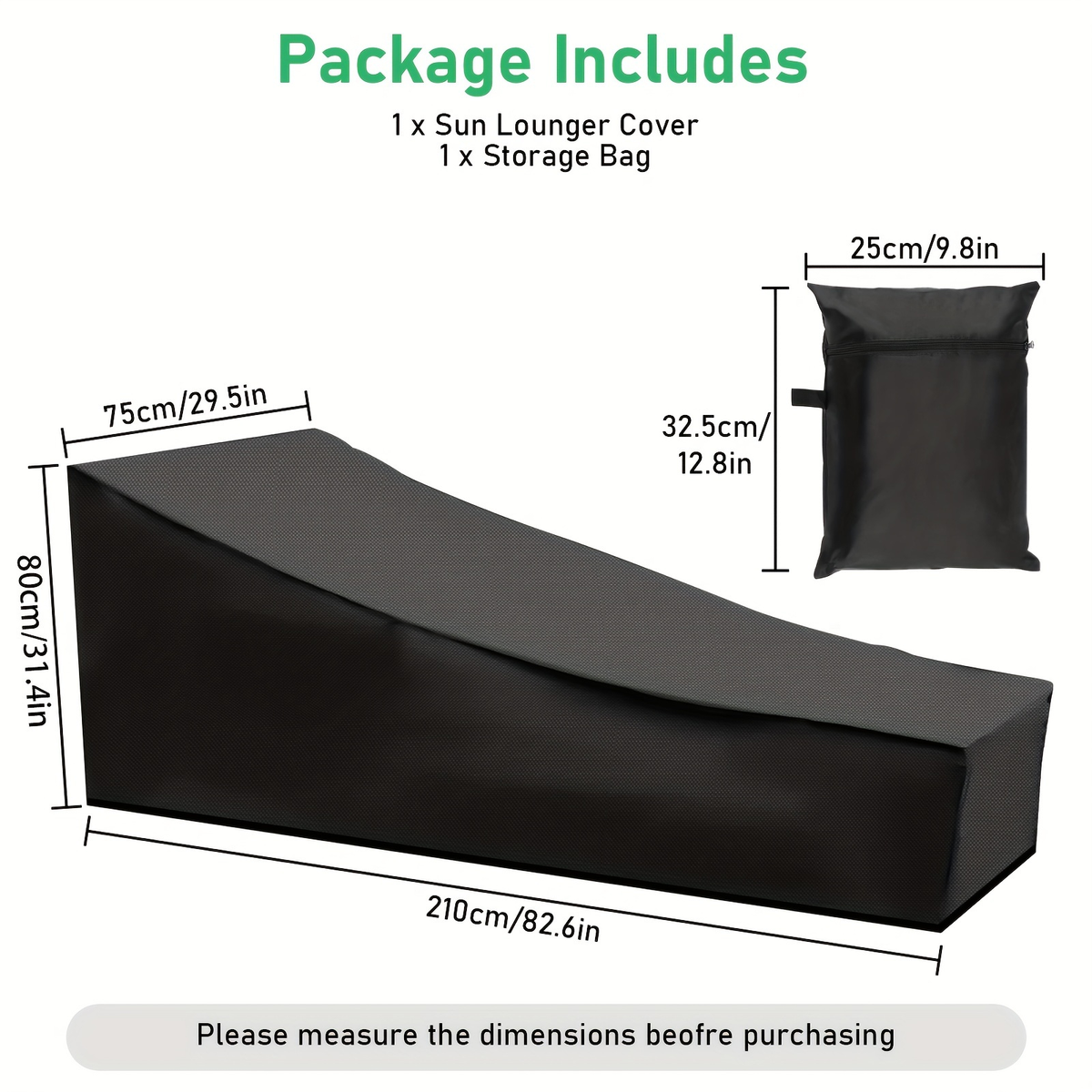 Black Chaise Lounge Cover with 210-by-80-by-75 cm Profile, Hem Cord and Pictured Storage Bag — image 3