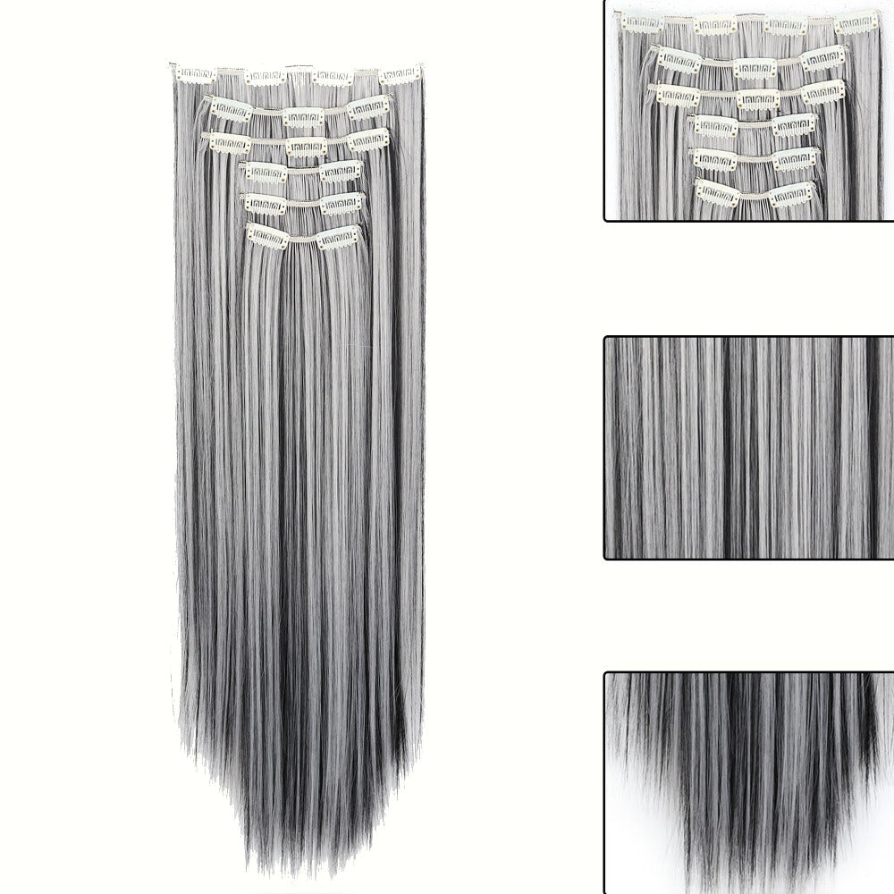 Space Gray Clip In Hair Extensions 6 Piece Set 24 Inch Heat Resistant Synthetic Fiber – Instant Length & Volume for Women | D