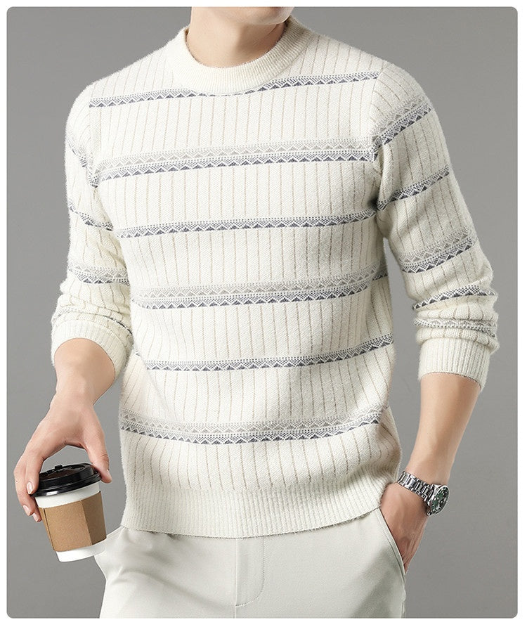 Mens Knitted Fleece-lined Thick Crew-neck Faux Mink Sweater