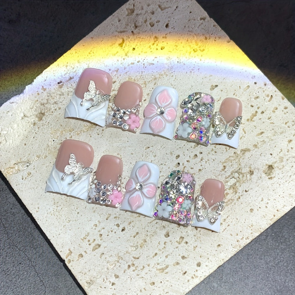 Press On Nails 10-Piece Short Duckbill Set with White French Tips, Golden Butterfly and 3D Carved Flower — image 8
