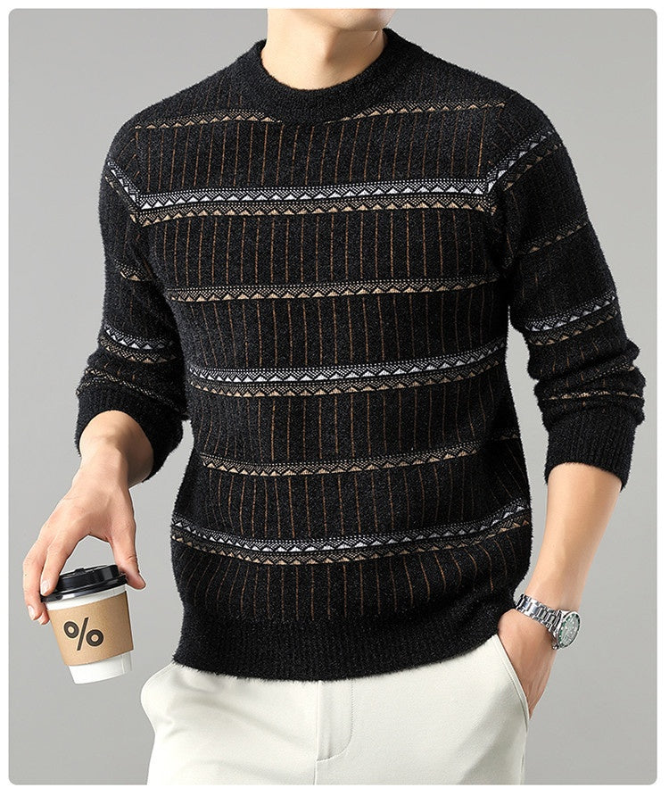 Mens Knitted Fleece-lined Thick Crew-neck Faux Mink Sweater