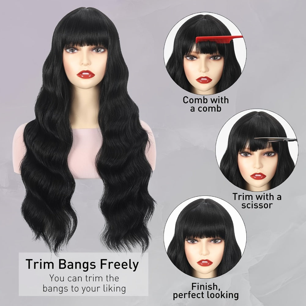 Synthetic Wig 28-Inch Black Body Waves with Bangs and Adjustable Buckle Net Cap for Daily and Party Styling — image 6