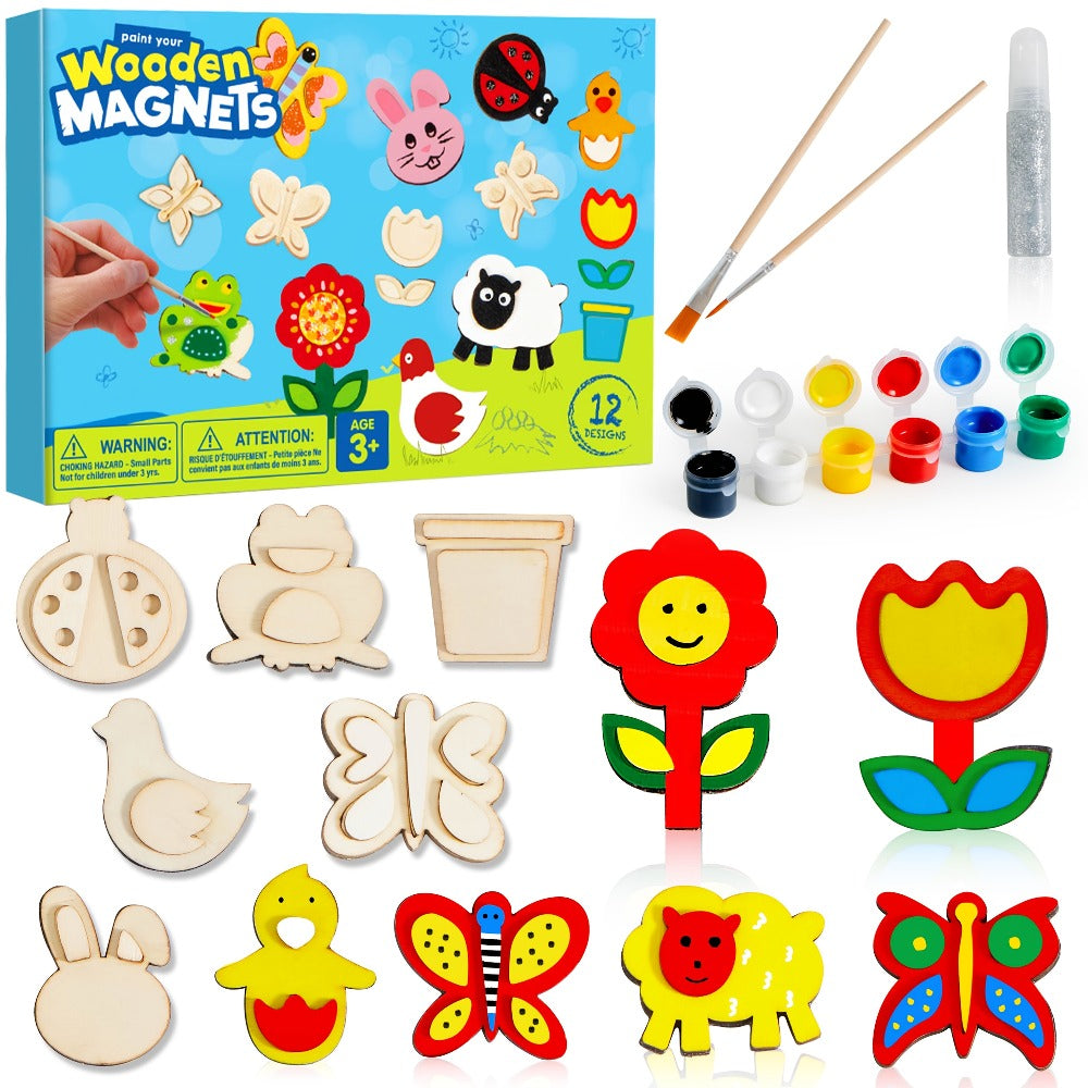 Wooden Magnet Painting Craft Kit, 12-Piece Nature Shape Set with Six Paint Tubs, Brushes and Glitter Pen — image 1