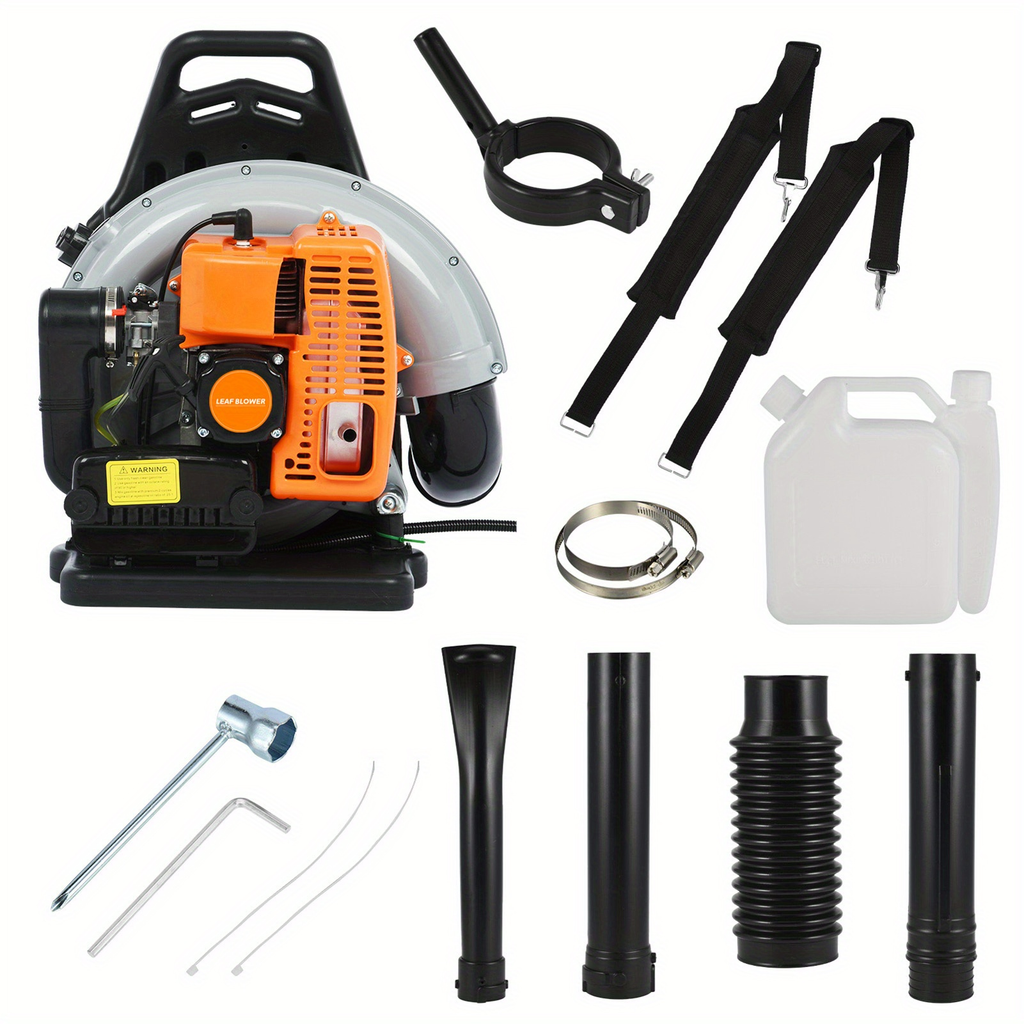 Backpack Gas Leaf Blower in Orange with 2-Stroke Engine Label, Flexible Elbow, Long Tube and Control Handle — image 8