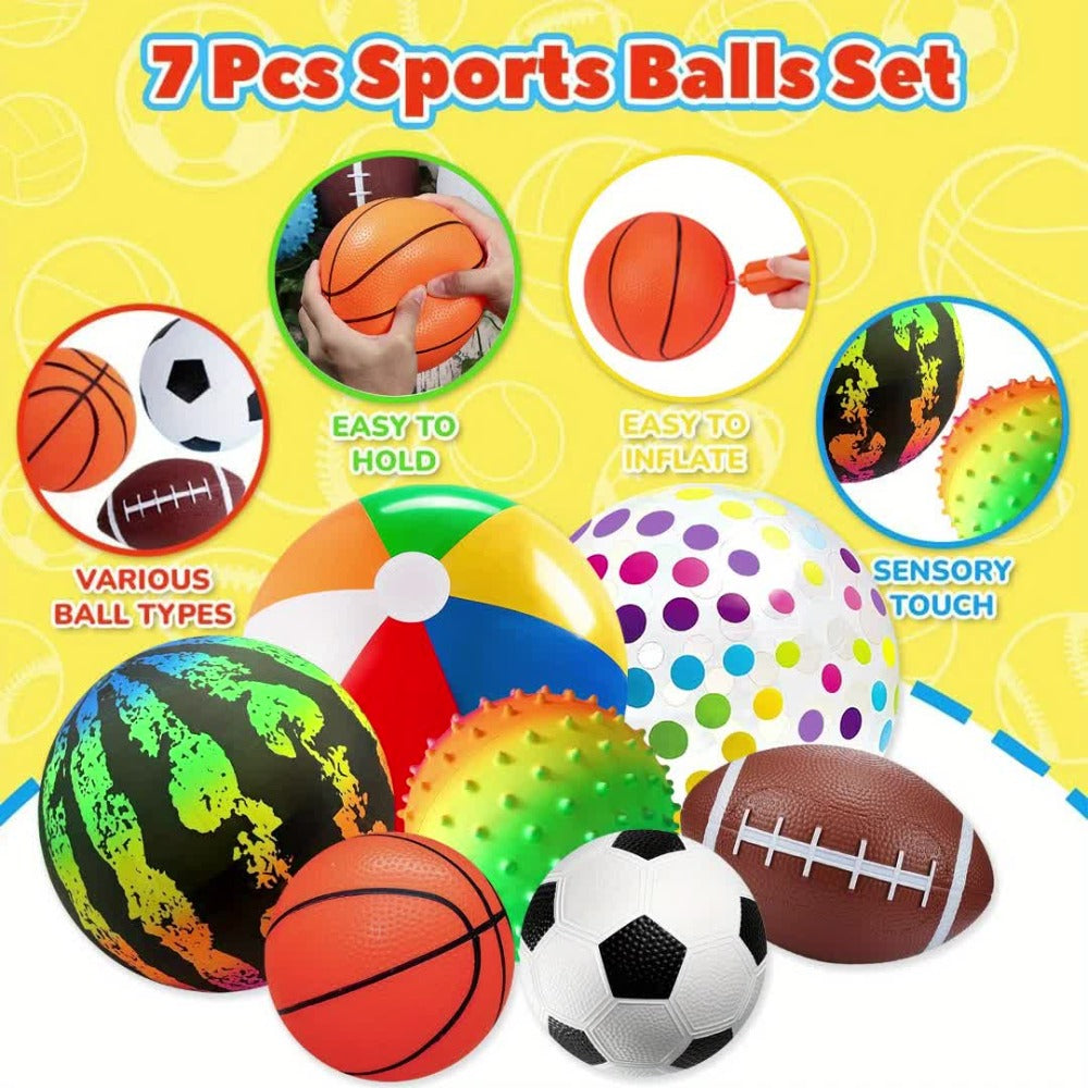 Kids Playground Ball Set 7-Pack with Air Pump, 10.6 Inch Outdoor Ball Plus 6-Inch Basketball Football Rugby — image 14