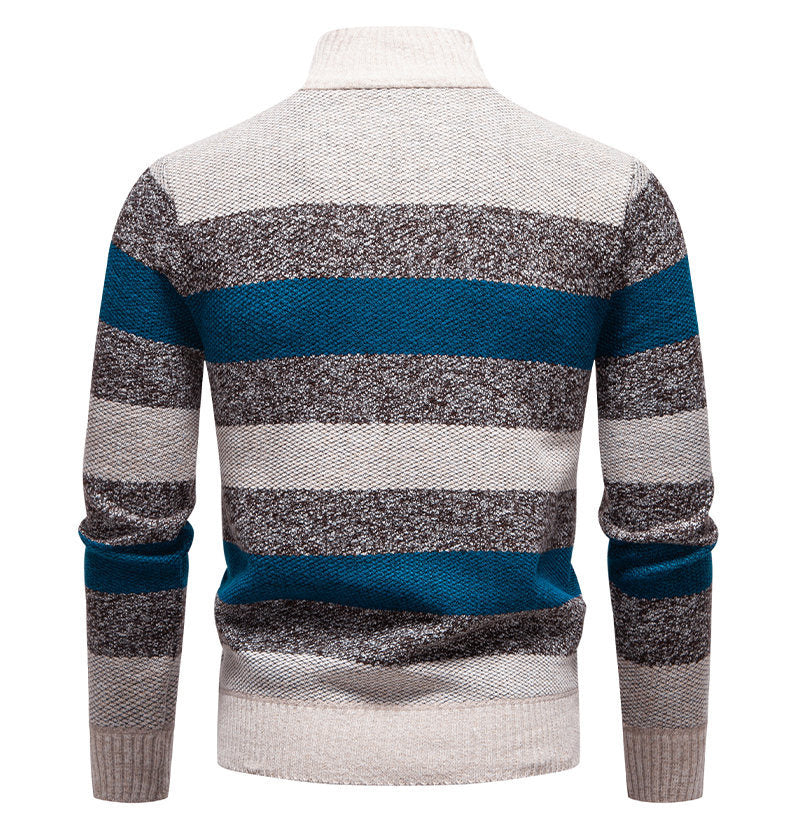 Mens Color-Block Stand-Up Collar Half-Zip Fleece-Lined Thermal Sweater
