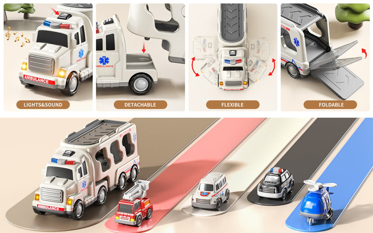 Ambulance Truck Toy 5-in-1 Carrier Set with Lights & Sounds, Friction Power Emergency Vehicle Playset for Kids Boys Ages 3+ —