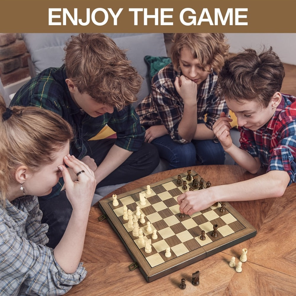 Magnetic Wooden Chess Set 15 Inch – Folding Portable Chessboard with Handmade Pieces, Tournament & Travel Chess Game for Adul