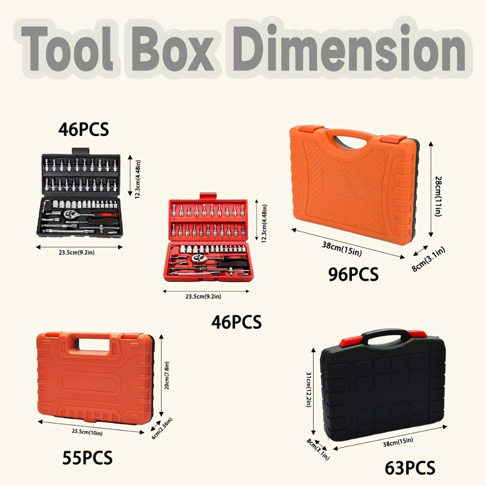 Professional Automotive Tool Set 55 / 63 / 96-Piece – Ratchet Socket Wrench Kit for Car & Bicycle Maintenance | High-End Mech