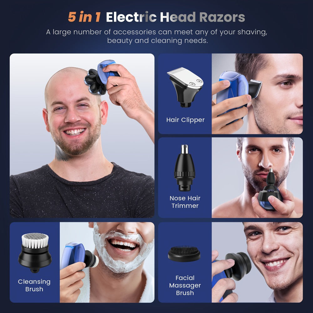Electric Head Shaver for Bald Men 7D 7 Floating Heads – All-in-One Grooming Kit with Nose Hair Trimmer & Facial Cleaning Brus