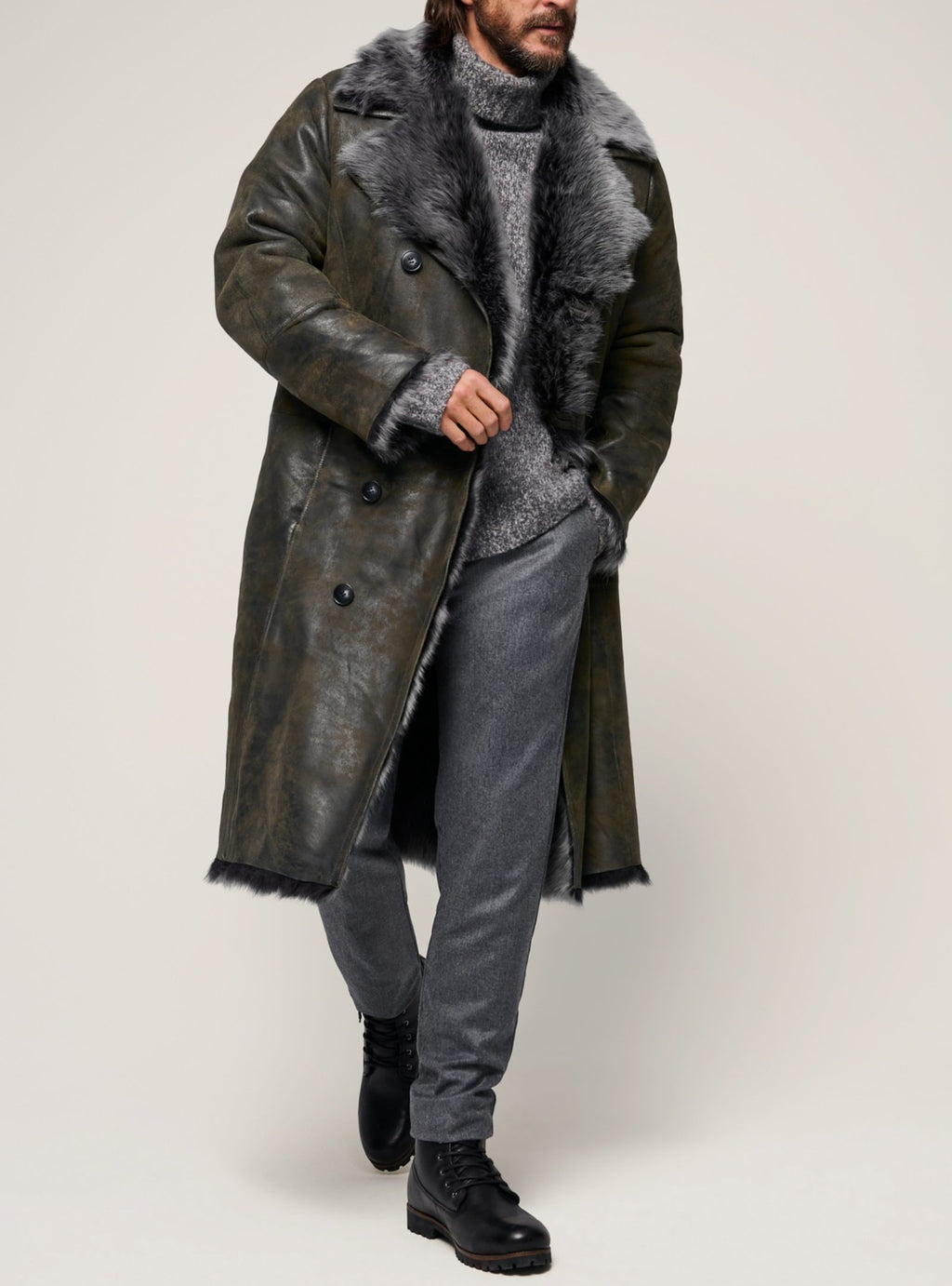 Double-breasted Wide Lapel Long-haired Men's Long Fur Coat