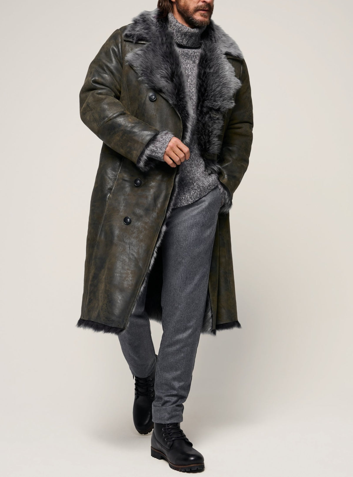 Double-breasted Wide Lapel Long-haired Men's Long Fur Coat
