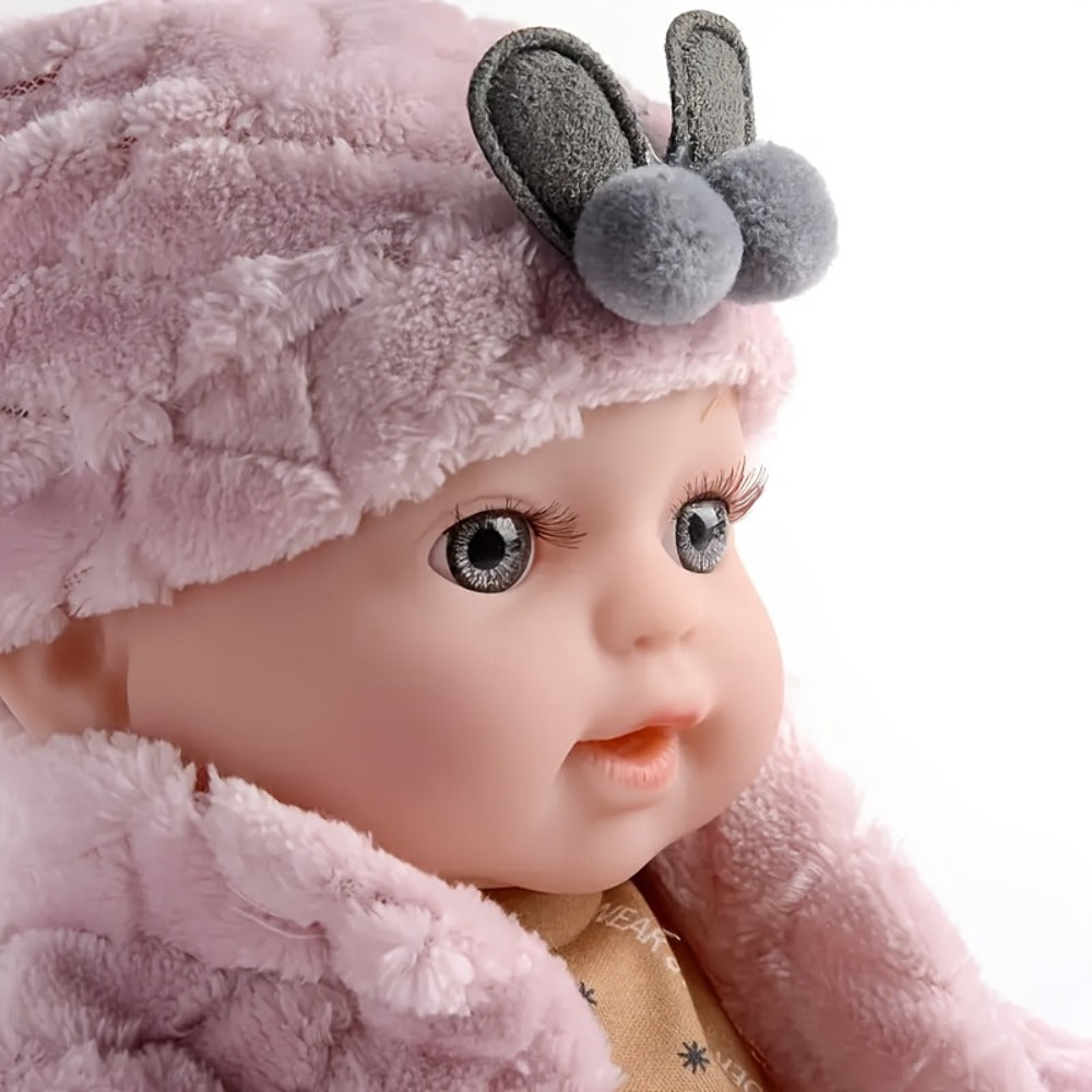Bunny Ear Baby Doll 12 Inch Pink, Fluffy Bunny Ears PVC Realistic Newborn Comfort Doll, Cute Plush Toy for Boys & Girls Ages 