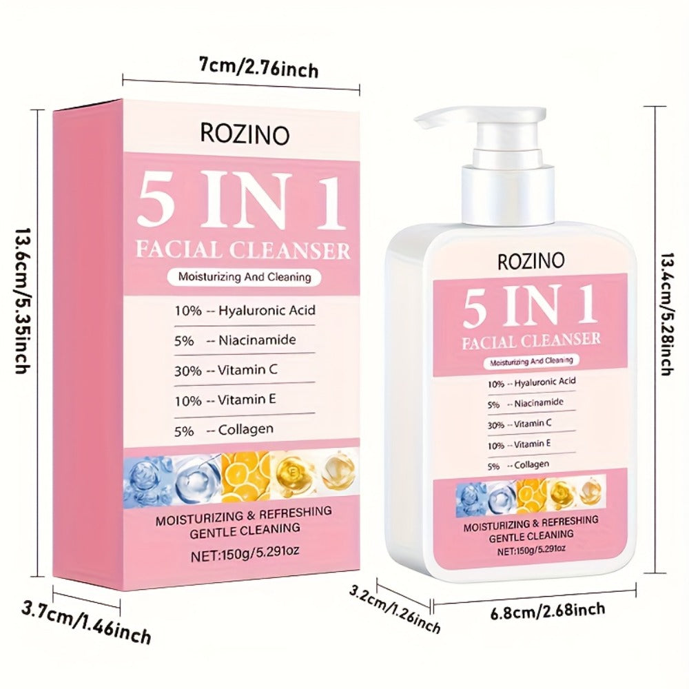 Brightening Face Wash 5-in-1 with Hyaluronic Acid Niacinamide Vitamin C Vitamin E & Collagen – Rich Foam Deep Cleansing Moist