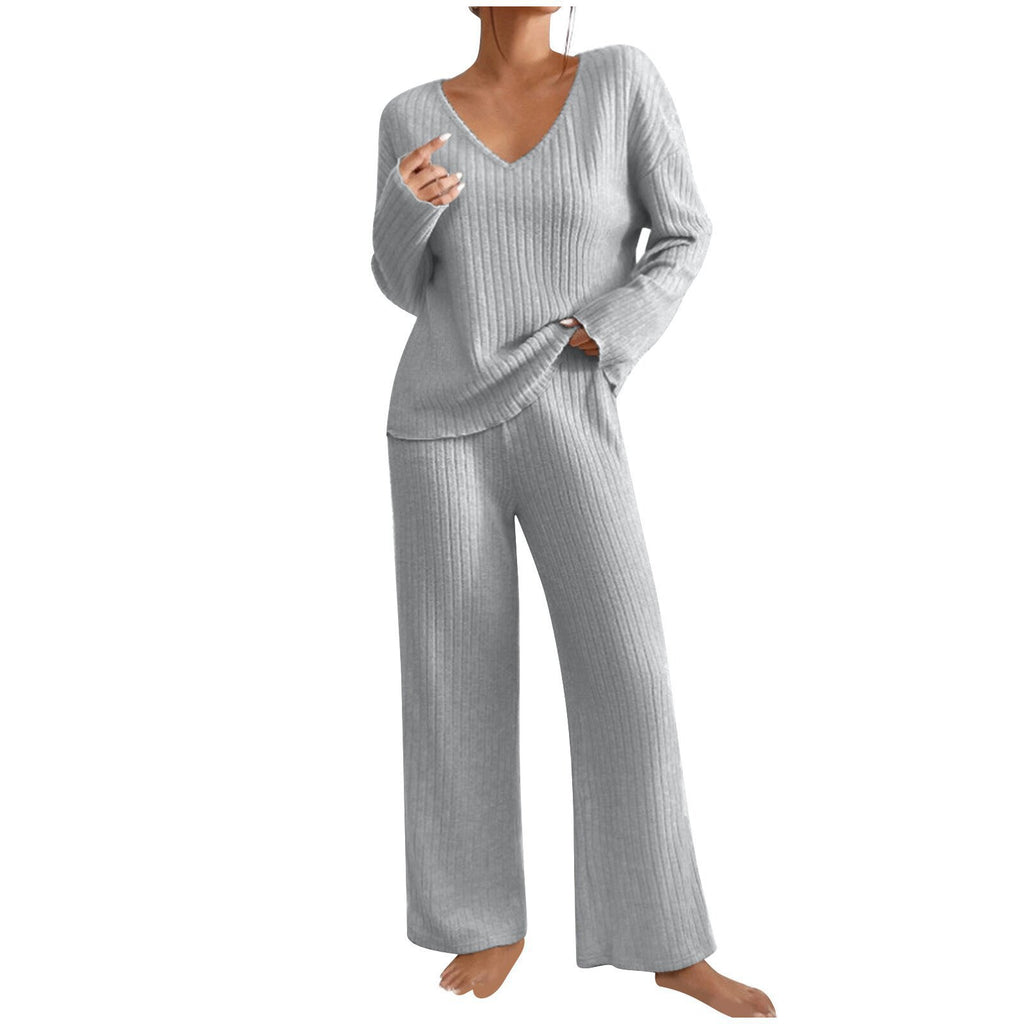 Long Sleeve V-neck Knitted Sunken Stripe Brushed Loose Leisure Suit
