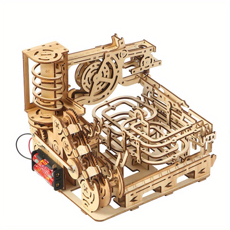 Wooden Marble Track Model Kit with Dual-Linkage A or B Builds, Laser-Cut Panels, Gears and Ball Rails — image 1