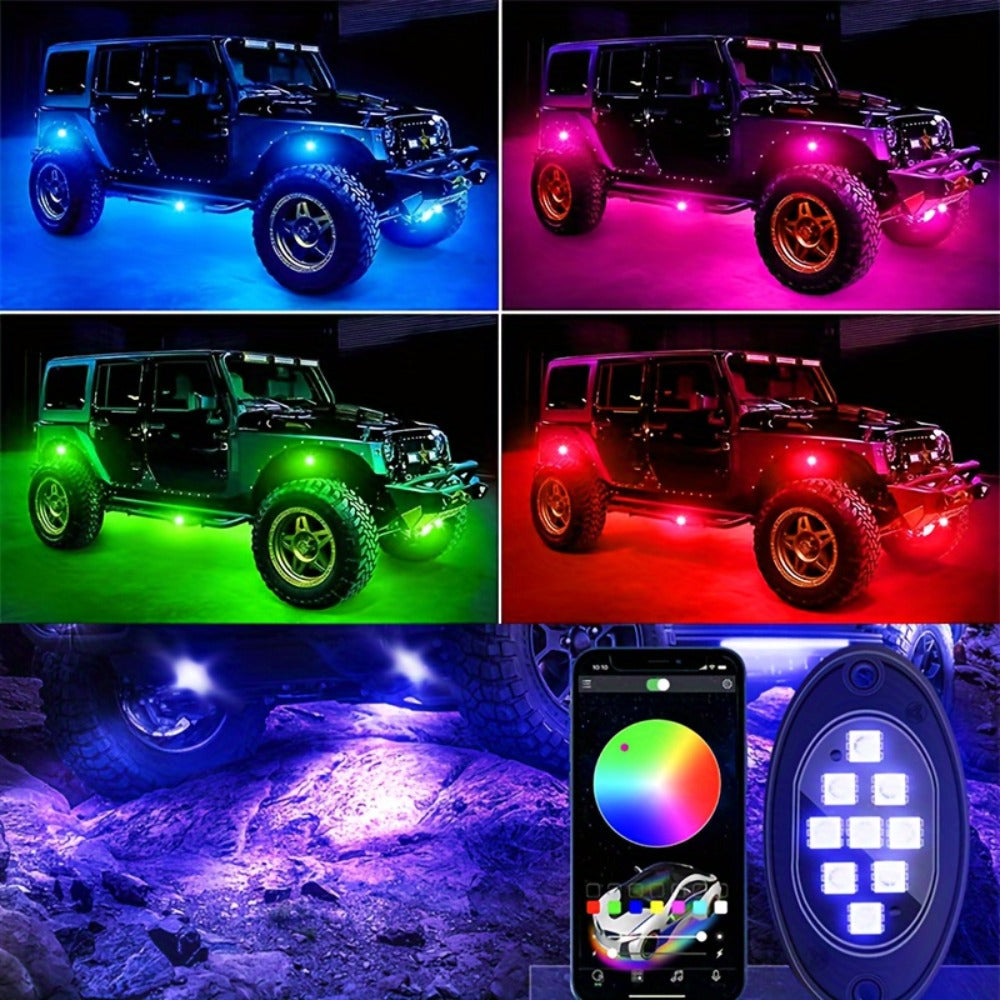 RGB LED Rock Lights Kit for Trucks & Off-Road – App & Remote Control, Music Mode, Underglow Neon Lights for SUV, ATV, UTV — i