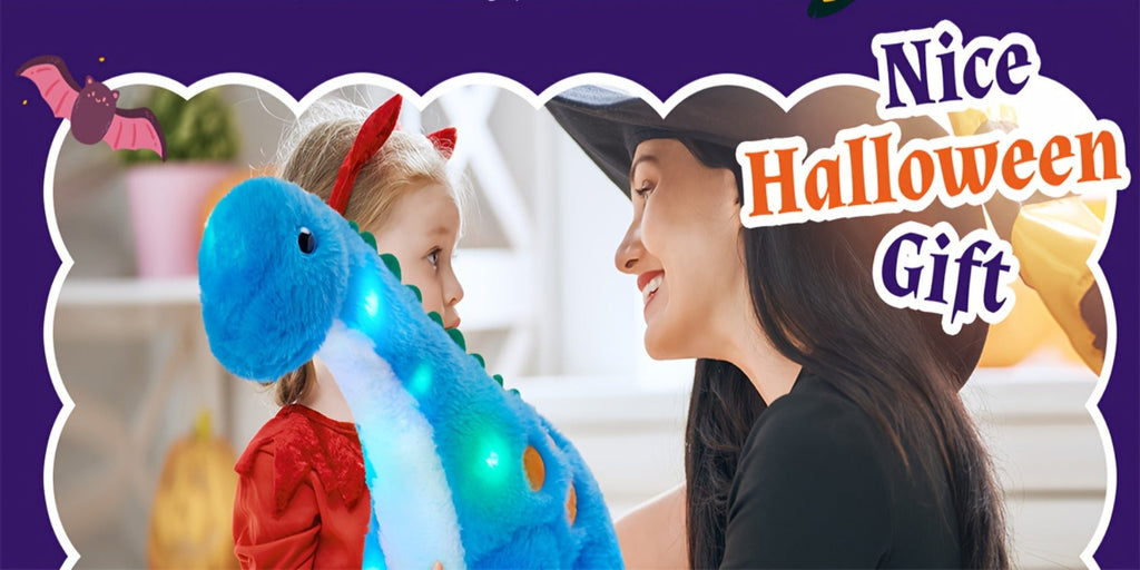 Plush Toy Blue Dinosaur with LED Glow and Optional Music for Colorful Interactive Display for Character Display, Room Decor a