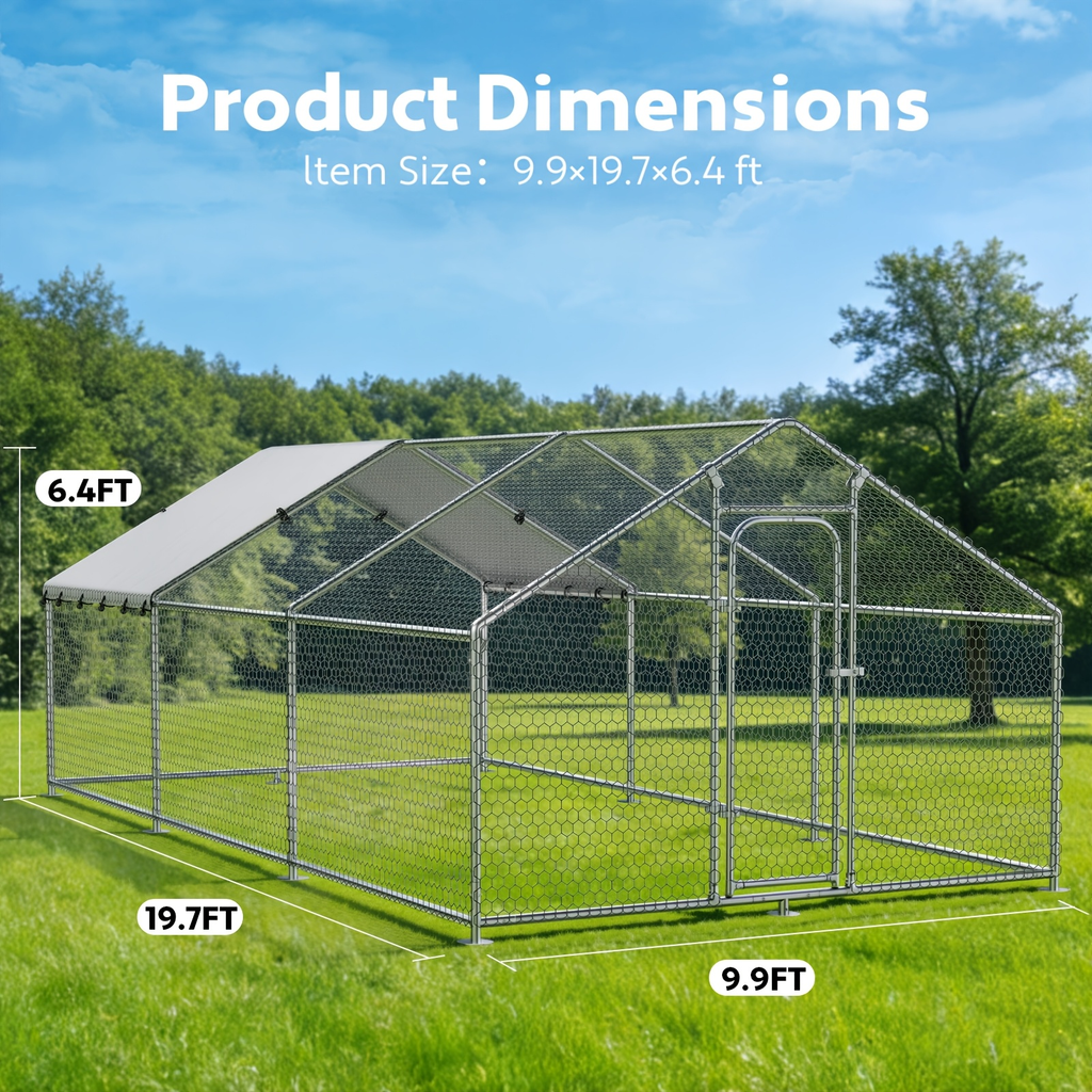 Dog Kennel Outdoor Large Metal Walk-in Chicken Run Pen Poultry Cage with Anti-UV Cover Movable Rack for Garden, Patio and Yar