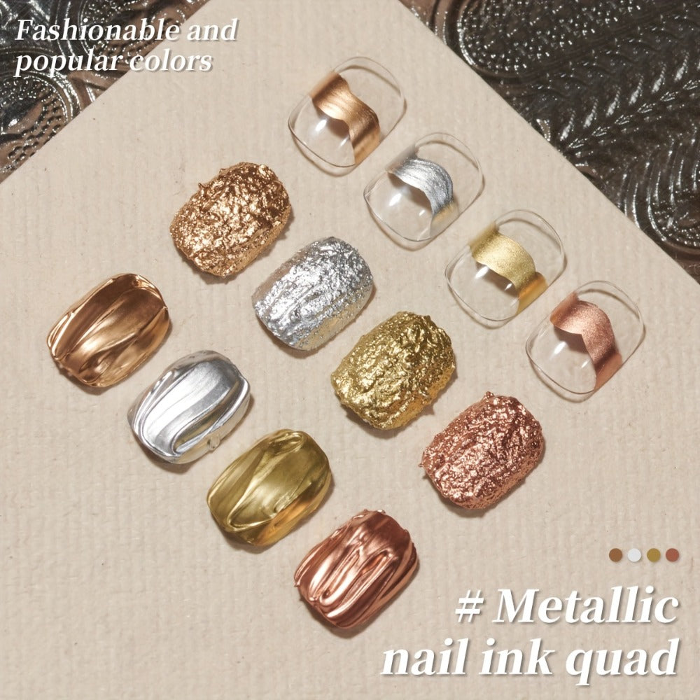 Metallic Smudge Nail Art Gel Four-Bottle Set in Gold, Silver and Rose Tones with Narrow Cap Brushes — image 3