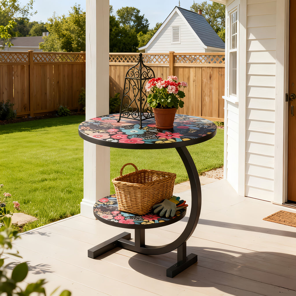 Side Table Round Floral Mandala Printed Top with Metal Frame for Indoor or Outdoor Accent Placement — image 3