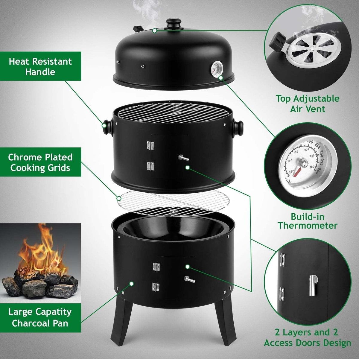 3-in-1 Barrel Charcoal Grill and Smoker with Two Access Doors, Top Vent, Thermometer and Upgrade Option — image 4