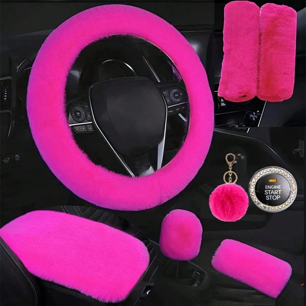 Plush Fluffy Steering Wheel Cover – Rex Rabbit Fur Texture, Universal Fit, 12 Colors (Black, Pink, Purple, Red & More) — imag