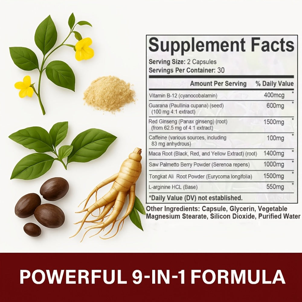 Red Ginseng Energy Capsules 9050mg with Maca & Saw Palmetto, Everyday Vitality & Stamina Supplement for Men & Women — image 2