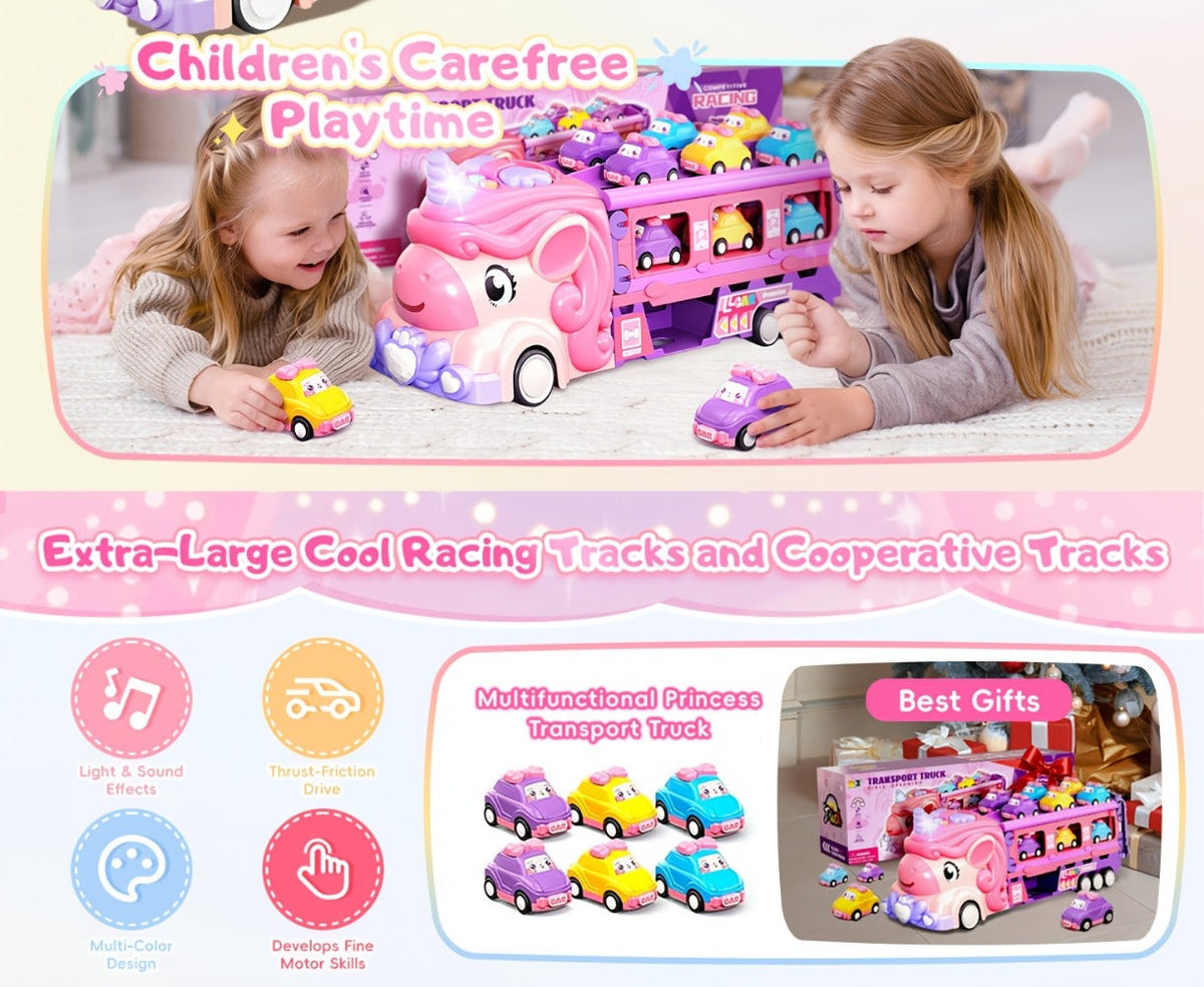Pink Unicorn Monster Truck Track Set with 8 Princess Cars, Lights & Sounds with the Listed Color, Size or Set Options for Eve