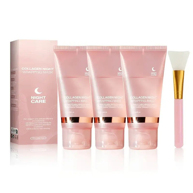 Collagen Night Wrap Mask with Jelly Brush 3pcs Hyaluronic Acid Deeply Moisturizing Nourishing Overnight Glossy Sleeping Mask 